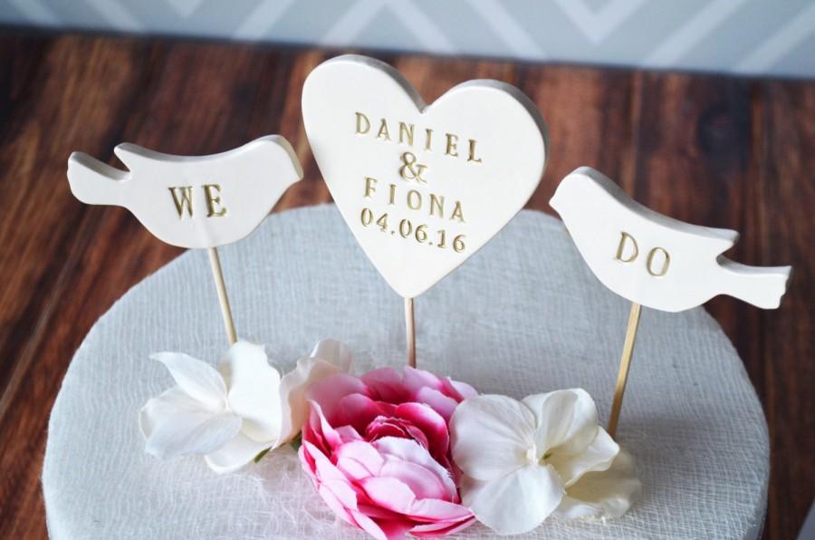 Wedding - PERSONALIZED Heart Wedding Cake Topper with Names and Date and We Do Birds