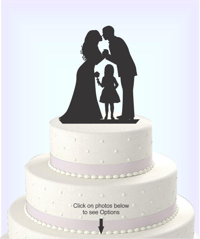 Wedding - Wedding Cake Topper Silhouette Groom and Bride with flower Girl -  Family Acrylic Cake Topper [CT62og]