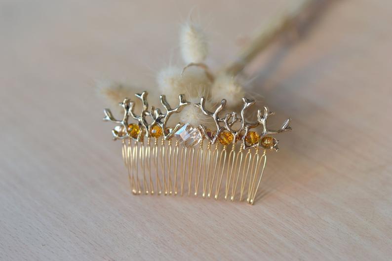زفاف - Gold Antlers hair comb Branches headpiece woodland Fairy comb Gold branches comb Antlers hair piece Forest comb crystal