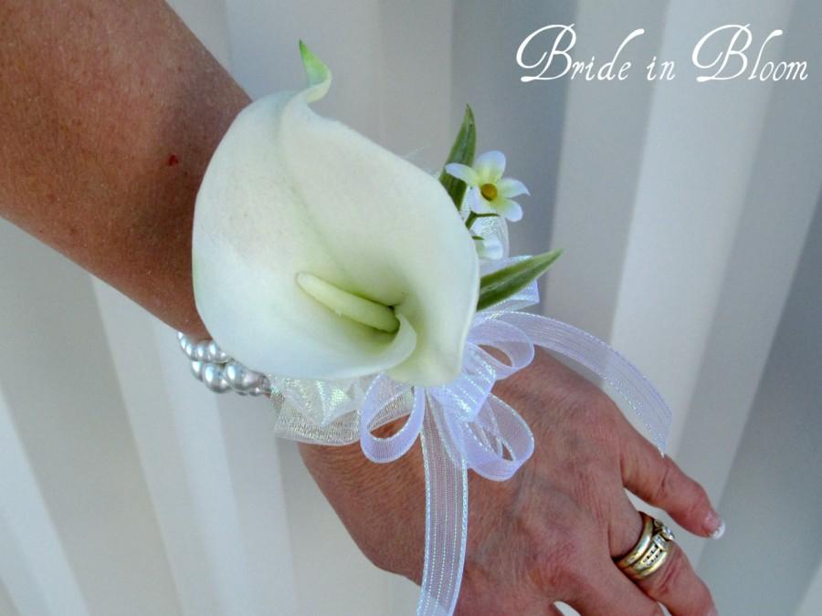 Wedding - Cream calla lily wrist corsage champagne ivory or white pearls