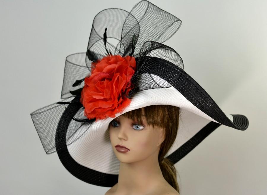 Свадьба - Woman White Black Strips Hat Red Flower Church Wedding Hat Head Piece Kentucky Derby Hat Bridal Coctail Hat Couture Fascinator  Bridal Hat