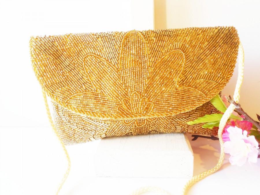 Wedding - Fabulous Gold Beaded Evening Bag, Vintage Beaded Clutch Handbag EB-0333