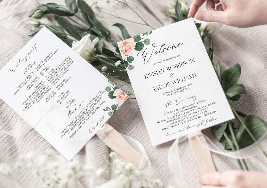Hochzeit - Blush Floral Wedding Program Fan, Wedding Ceremony Fan Template, Wedding Program Template, Program Printable, Ceremony Programs, #19_BM1