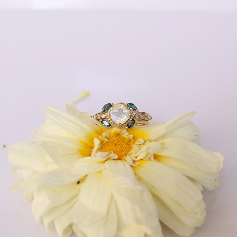 Mariage - Moonstone Teal Blue Sapphire Engagement Wedding Ring Set,Engagement Ring with Jacket Set 14k Solid Gold,Wedding Ring Stack,Women Proposal