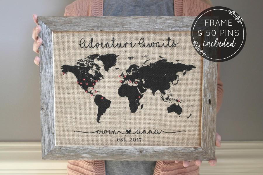 Wedding - Engagement Gift, Personalized Gift for Boyfriend Gift, Push Pin Map, Rustic Home Decor, Travel Gift, Valentines Day Gifts for Her, Wife Gift