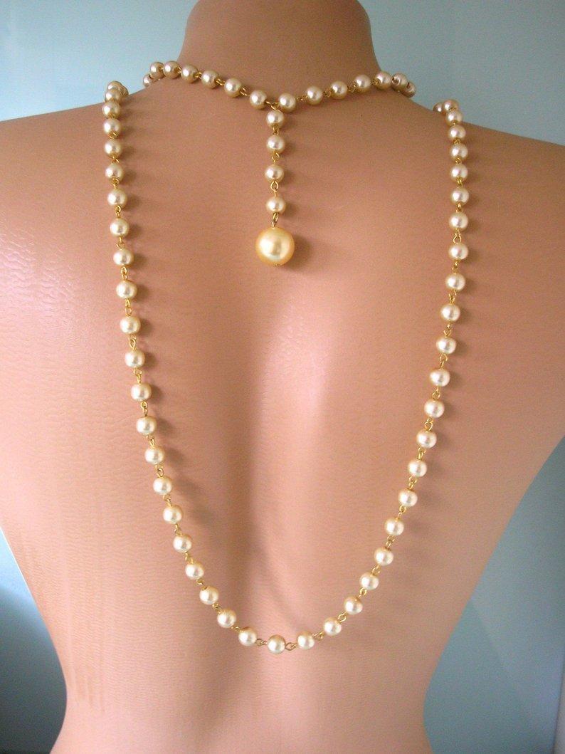 Wedding - Pearl Backdrop Necklace, Pearl Bridal Set, Champagne Pearls, Art Deco Style, Great Gatsby Jewelry, Pearl Drop Necklace, Wedding Jewelry