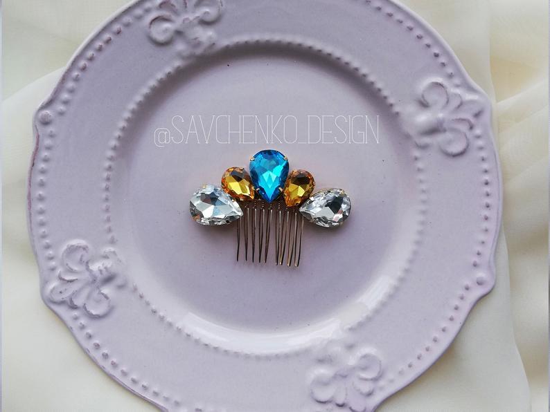زفاف - Something blue Swarovski Crystal bridal hair comb