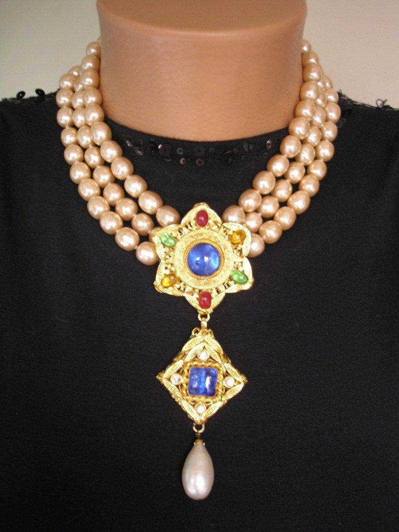 زفاف - Baroque Pearl Choker, Indian Bridal Choker, Pearl Statement Necklace, Vintage Pearl Choker, 3 Strand Pearls, Bridal Pearl Choker,