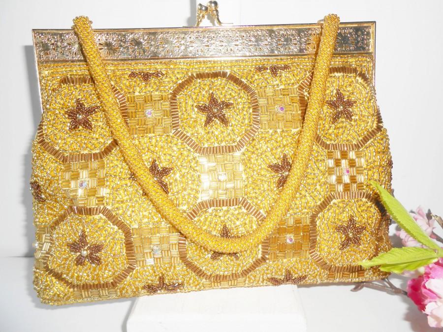 Свадьба - Vintage Gold Bead Evening Bag, Beaded Rhinestone Trim Glamorous Handbag EB-0378