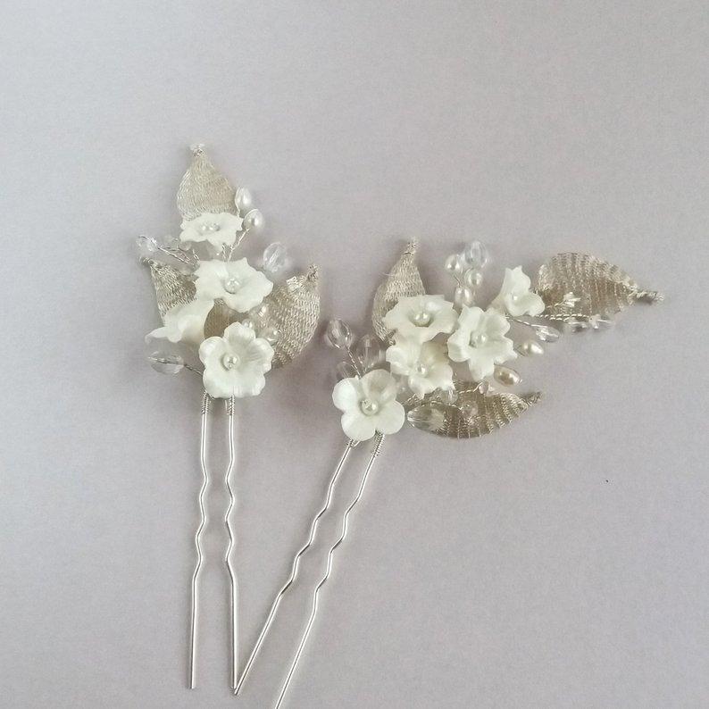 Свадьба - Bridal hair pins for Bride, Wedding silver hair piece Crystal flower hair pin Bridal headpiece