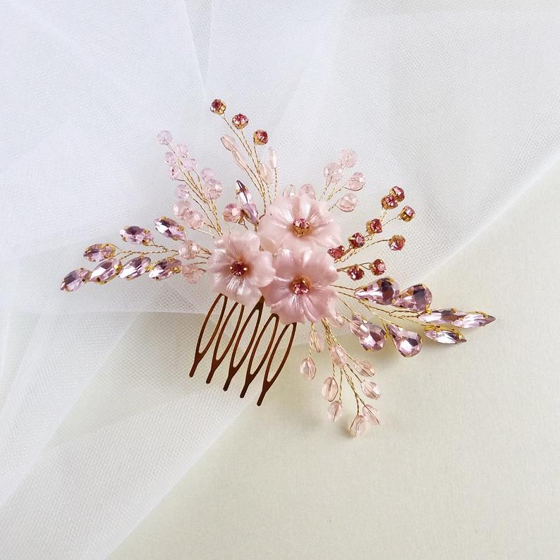 زفاف - Pink flower hair comb for Bride, Gold Wedding hair piece with crystal and rhinestone, Bridesmaids head piece
