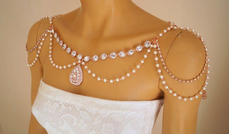 Hochzeit - Rose gold shoulder necklace,Art deco shoulder jewelry,Wedding shoulder necklace,Swarovski crystal,Shoulder jewelry,Bridal shoulder necklace