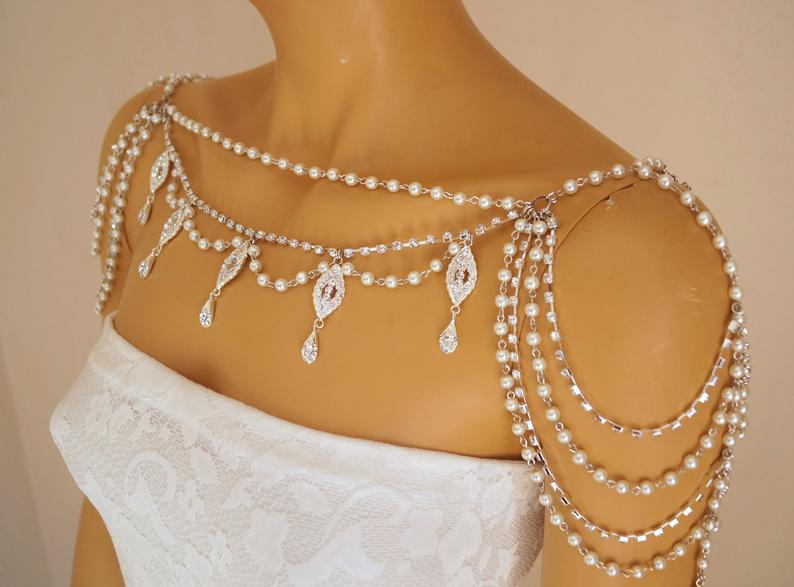 Свадьба - Shoulder necklace,Art deco shoulder jewelry,Pearl shoulder necklace,Wedding jewelry,Shoulder jewelry,Bridal shoulder necklace,Swarovski