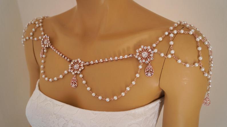 Свадьба - Rose gold shoulder necklace,Art deco shoulder jewelry,Wedding shoulder necklace,Swarovski crystal shoulder jewelry,Bridal shoulder necklace