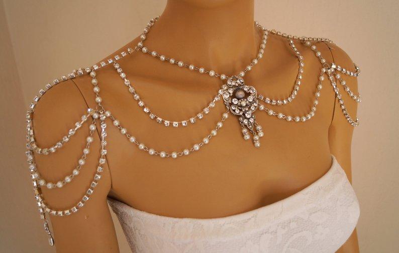 Hochzeit - Wedding shoulder necklace,Art deco shoulder jewelry,Pearl shoulder necklace,Rhinestone swarovski shoulder jewelry,Bridal shoulder necklace