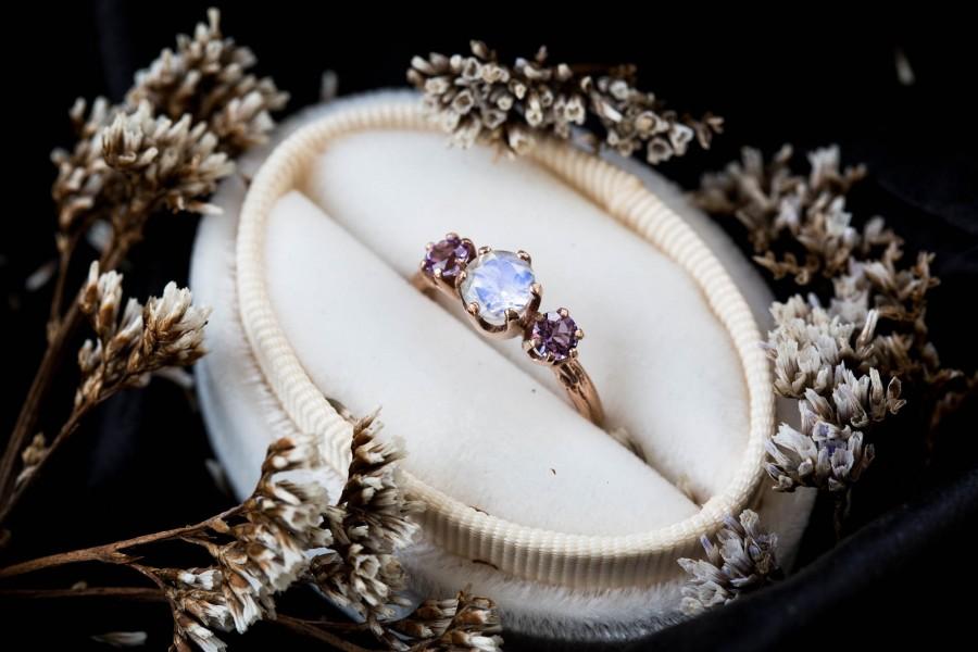 زفاف - Moonstone amethyst 14k gold twig engagement ring, moonstone gold engagement ring, lavender amethyst ring, gold twig ring, vintage inspired