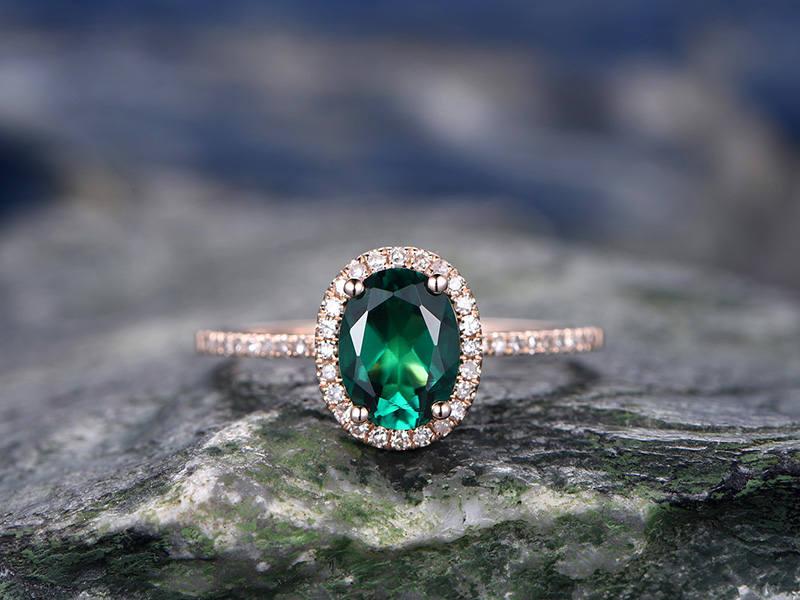Wedding - Green Emerald engagement ring-Solid 14k Rose gold-handmade diamond ring-Halo Oval cut gemstone promise ring-Lab emerald,Promise ring