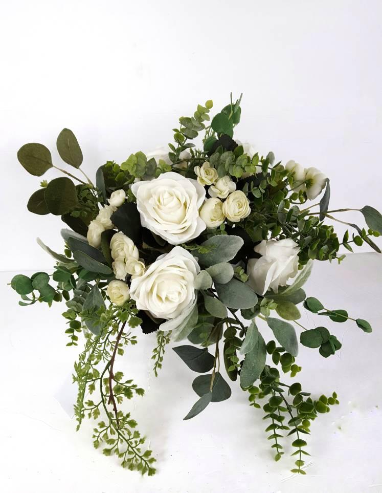Hochzeit - White Bridal Bouquet, Greenery Bride Bouquet, Silk Flower Bridal Bouquet, White Rose Bouquet, Boho Bridal Bouquet,Spring Cascading Bouquet