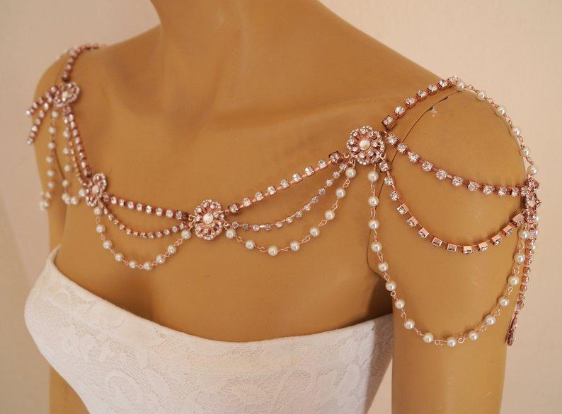 Hochzeit - Rose gold shoulder necklace,Art deco shoulder jewelry,Wedding shoulder necklace,Swarovski crystal shoulder jewelry,Bridal shoulder necklace