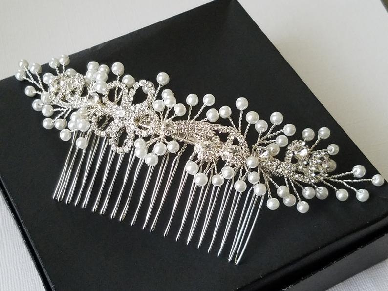 Wedding - Bridal Hair Comb, Pearl Crystal Hair Piece, White Pearl Headpiece, Wedding Hair Comb, Floral Comb, Bridal Hair Jewelry, Pearl Silver Comb