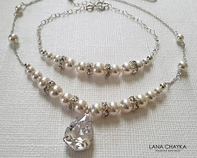 زفاف - White Pearl Necklace&Bracelet Jewelry Set, Swarovski Pearl Bridal Jewelry Set, White Pearl Wedding Jewelry, Bridal Jewelry Set, Prom Jewelry