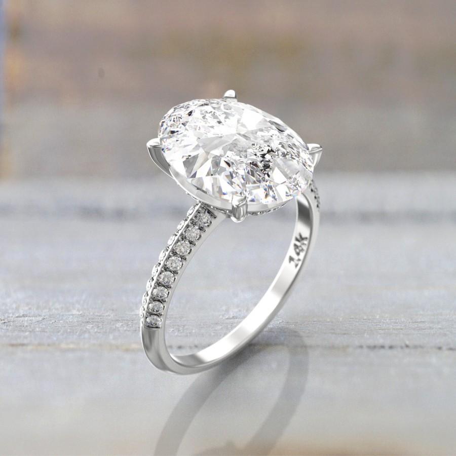 زفاف - Custom Celebrity Oval Ring White Sapphire Engagement Ring 14K White Gold  7 carat 14x10mm & 2 Sided Shank Diamonds