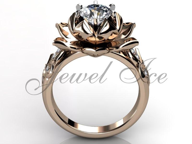 Hochzeit - Lotus Flower Engagement Ring - 14k Rose Gold Diamond Unique Lotus Flower Engagement Ring, Lotus Flower Wedding Ring, Promise Ring ER-1076-3