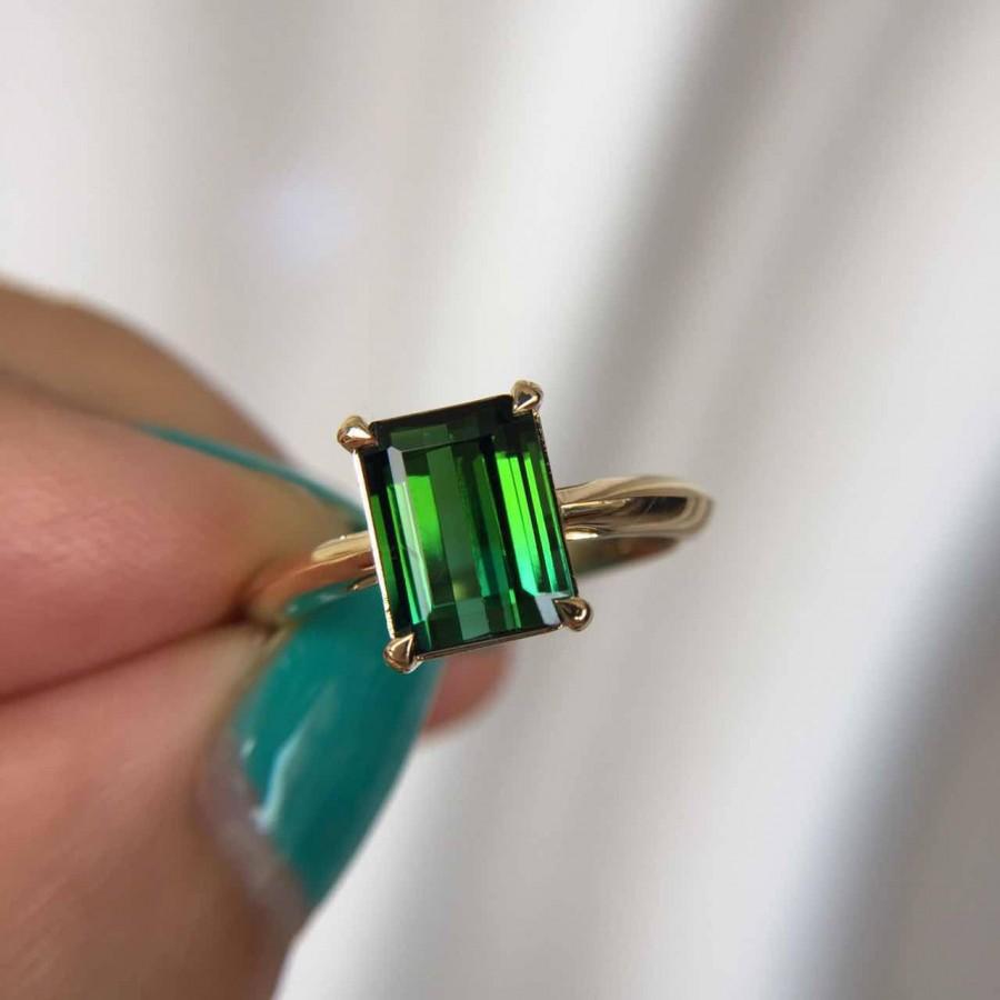 زفاف - 2.3 Carat Green Tourmaline Engagement Ring Baguette Tourmaline Ring Yellow Gold Ring Green Stone Ring