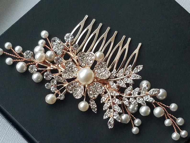 Mariage - Rose Gold Bridal Hair Comb, Wedding Crystal Pearl Hair Comb, Bridal Hair Piece, Rose Gold Headpiece, Floral Hair Jewelry Pink Gold Hair Comb
