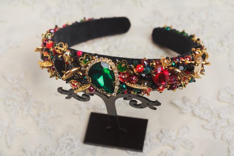 زفاف - Emerald beaded headband Wedding hair accessories Gold red black crystal tiara Bridal hair Baroque dolce headband Green jeweled headband