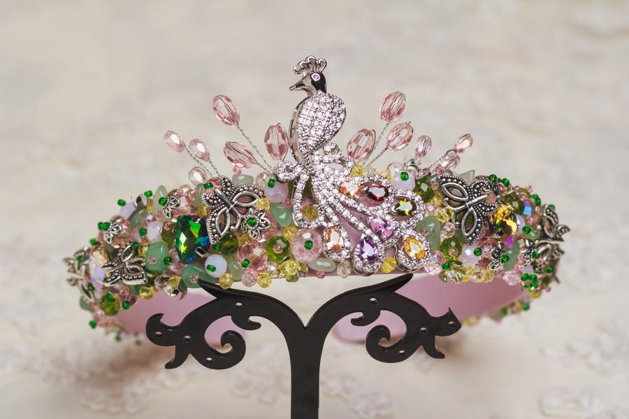 Wedding - Pink green jeweled headband Silver bird tiara Baroque headband for women Summer wedding hair accessories jewelry Bridal rhinestone headpiece
