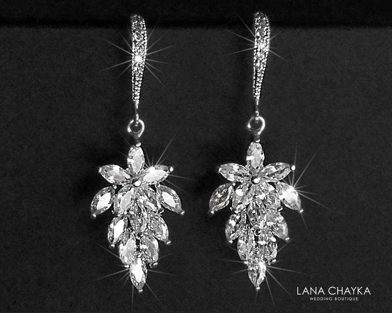 Wedding - Cubic Zirconia Leaf Earrings, Wedding Crystal Bridal Earrings, Floral Cluster Silver Earrings, Sparkly Chandelier Earrings, Leaf CZ Jewelry