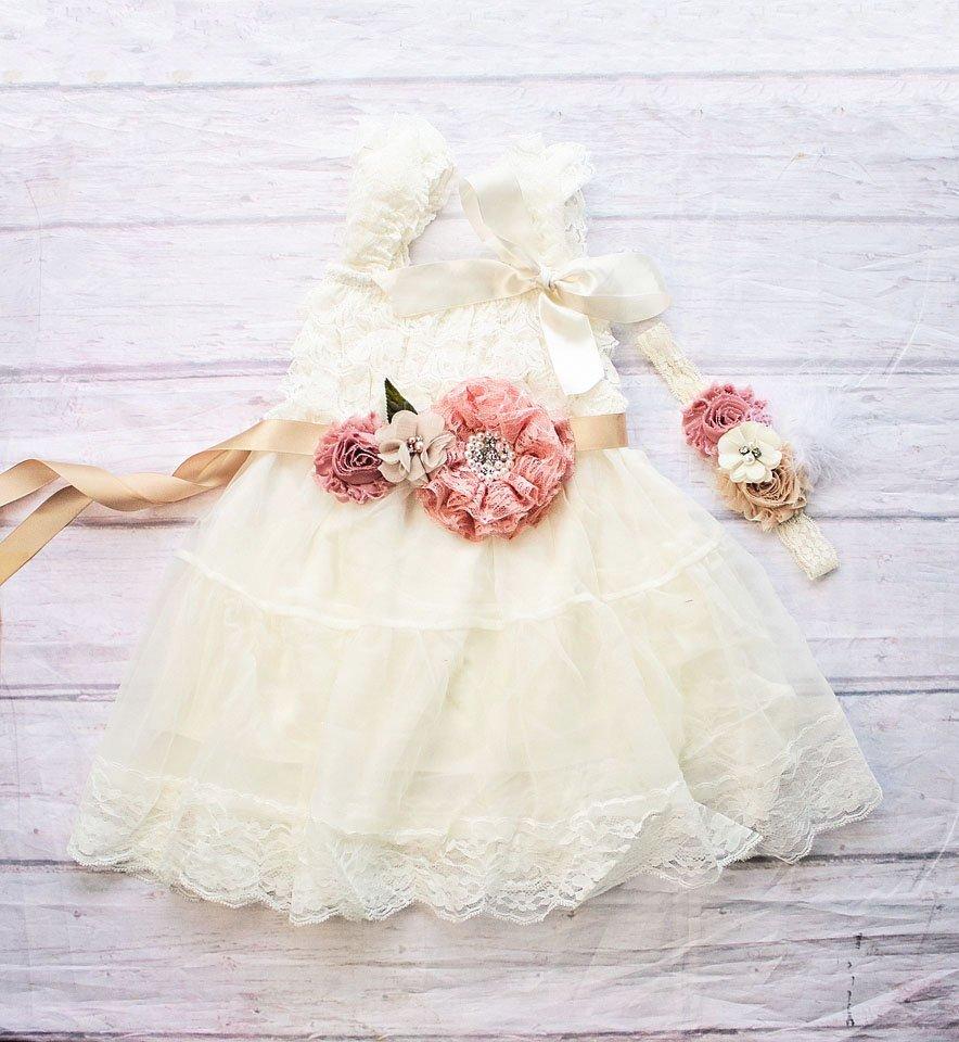 Mariage - Rustic Flower Girl Dress, Ivory Flower Girl Dress, Rustic Flower Girl Dress with sash, Flower Girl Outfit,Wedding Dress, Ivory Wedding Dress