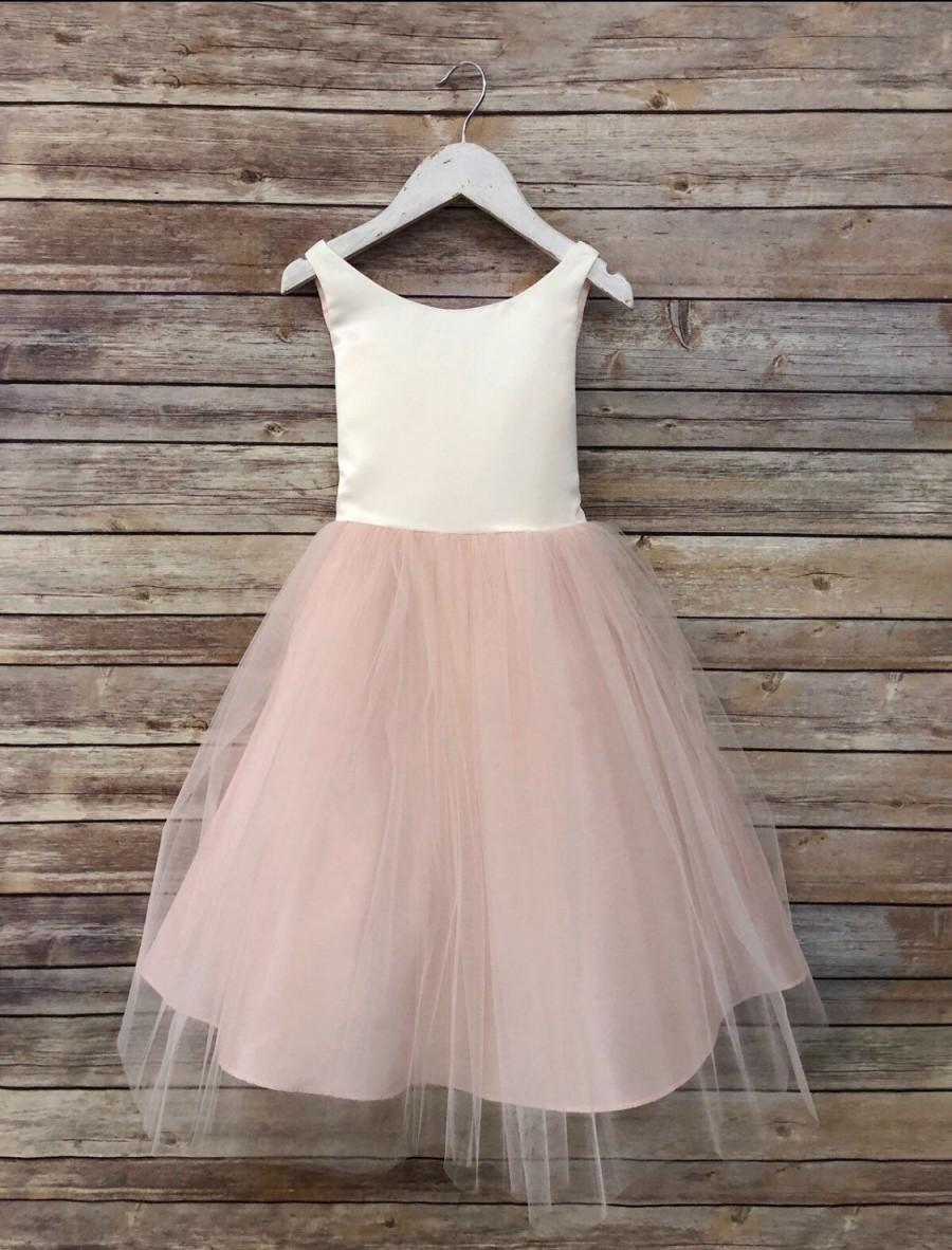Mariage - Blush Classic Simple Satin and Tulle Flower Girl Dress 6m to size 16 Girls  Comes in Champagne, Blush, Purple Green Grey dusty rose