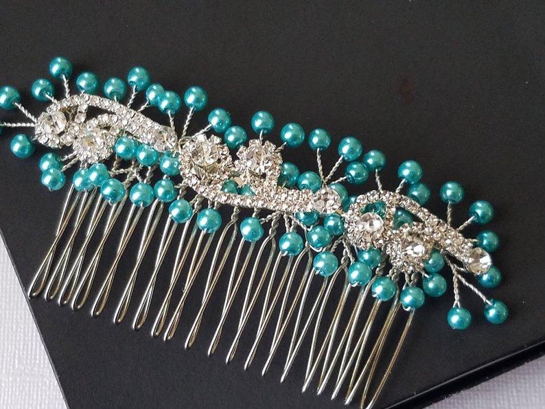 Mariage - Turquoise Bridal Hair Comb, Teal Silver Hair Piece, Wedding Bridal Hair Piece, Teal Hair Jewelry, Teal Crystal Headpiece, Pearl Headpiece