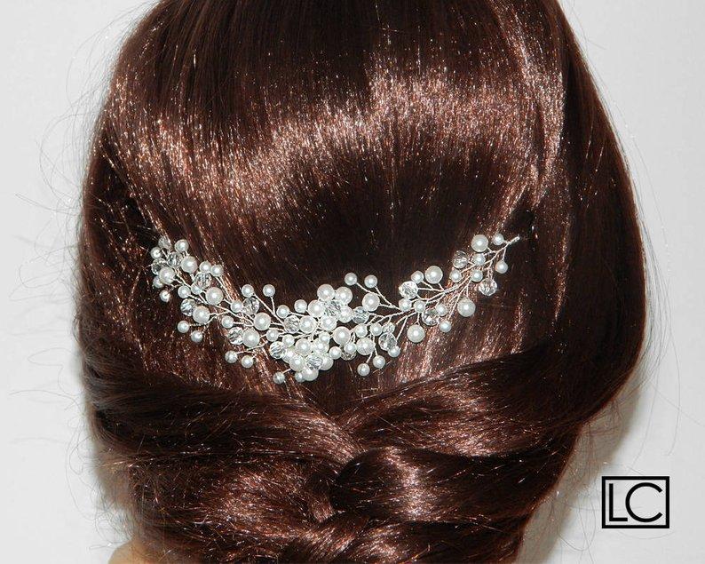 زفاف - Pearl Crystal Bridal Hair Vine, White Pearl Crystal Hair Piece, Bridal Floral Hair Jewelry, Bridal Pearl Headpiece, Pearl Crystal Wreath