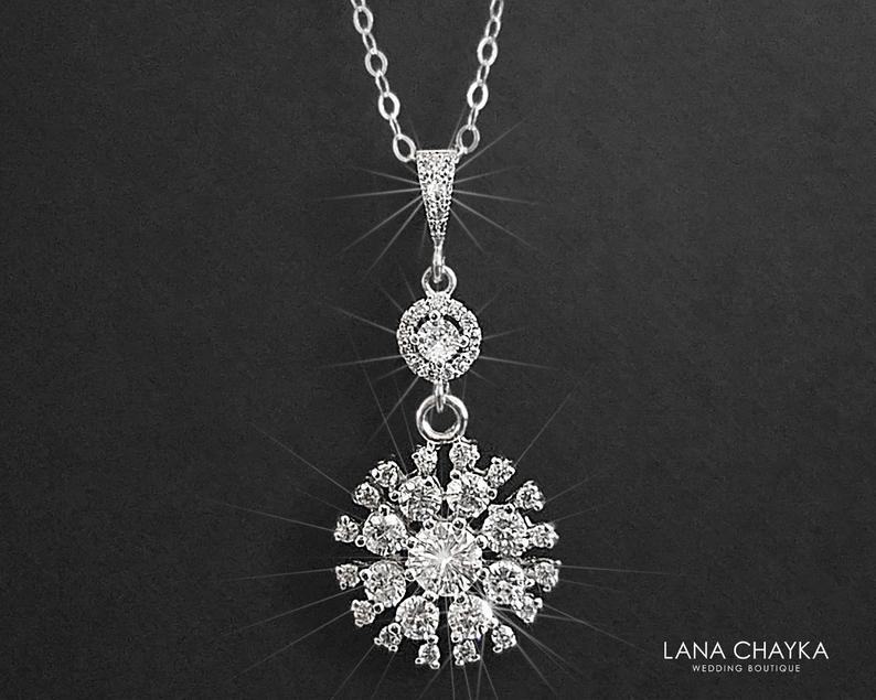 Hochzeit - Cubic Zirconia Bridal Necklace, Wedding Crystal Necklace, Silver Halo Sparkly Pendant, Bridal CZ Jewelry, Wedding Jewelry, Prom Necklace