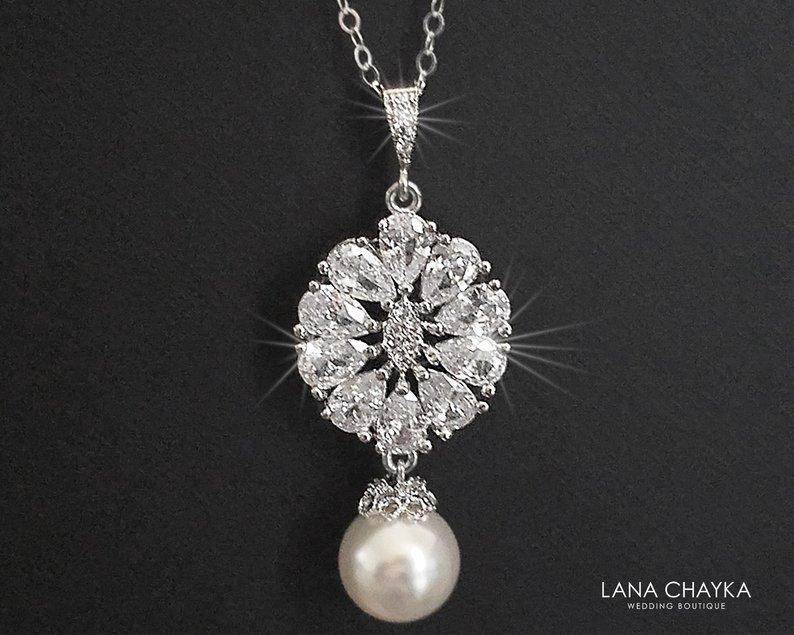 Hochzeit - Pearl Bridal Necklace, Swarovski White Pearl Cubic Zirconia Necklace, Wedding Necklace, Bridal Jewelry, Vintage Style, Bridal Pearl Pendant