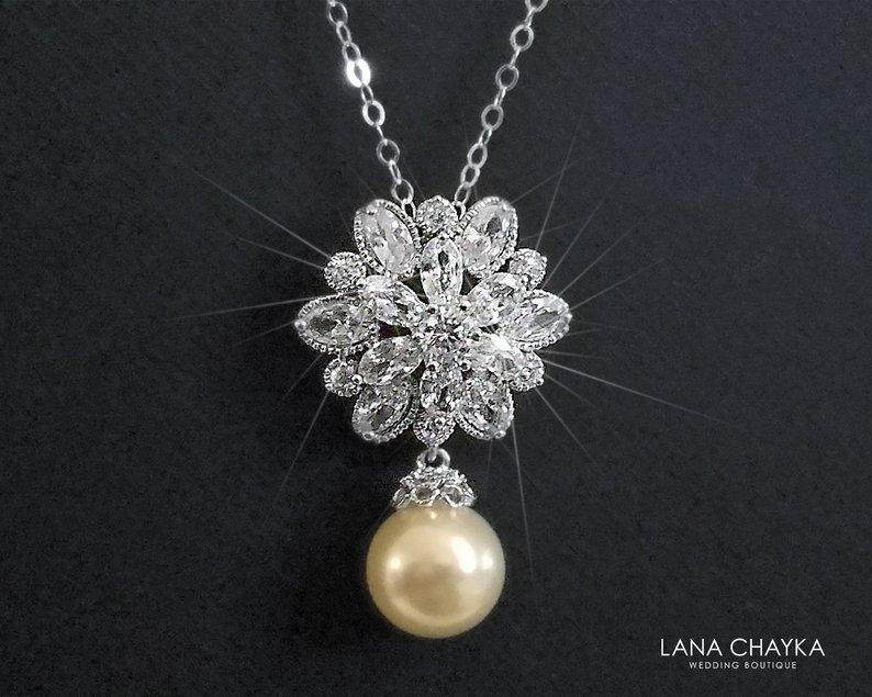 Hochzeit - Bridal Necklace, Pearl Bridal Necklace, Swarovski Ivory Pearl Cubic Zirconia Necklace, Wedding Pearl Silver Pendant, Pearl Bridal Jewelry