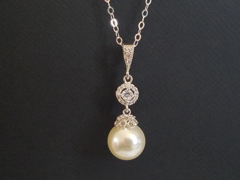 Mariage - Pearl Bridal Necklace, Swarovski 10mm Ivory Pearl CZ Necklace, Wedding Pearl Drop Necklace, Bridal Bridesmaid Pearl Jewelry, Prom Jewelry