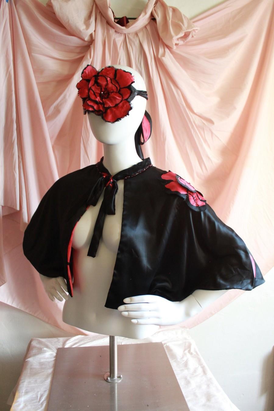 Wedding - The Bloom - Black & Pink Silk Charmeuse Capelet with Large Beaded Flower Applique - Silk Floral Boudoir Cape - Erotic Boudoir Accessory