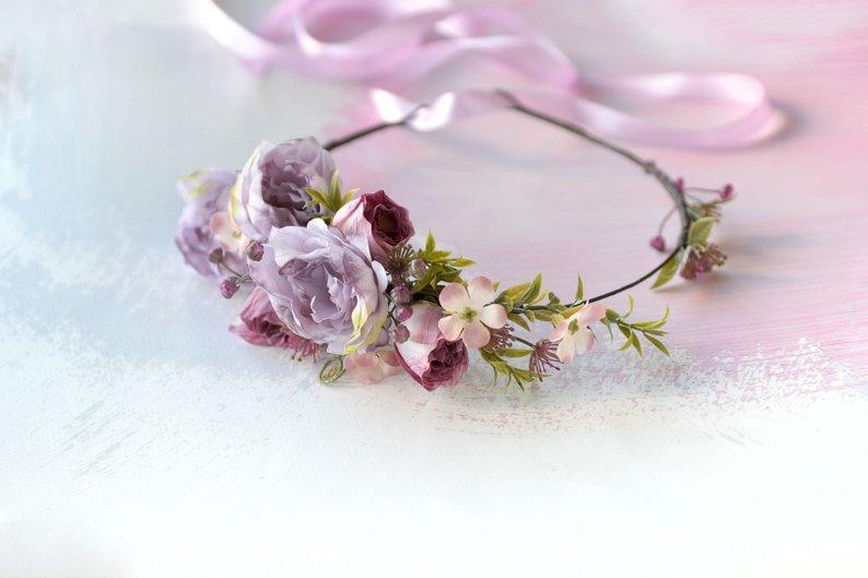 Mariage - Light Lilac Purple flower crown Wedding floral headband Peony rose crown Bride floral crown Boho bride hair piece