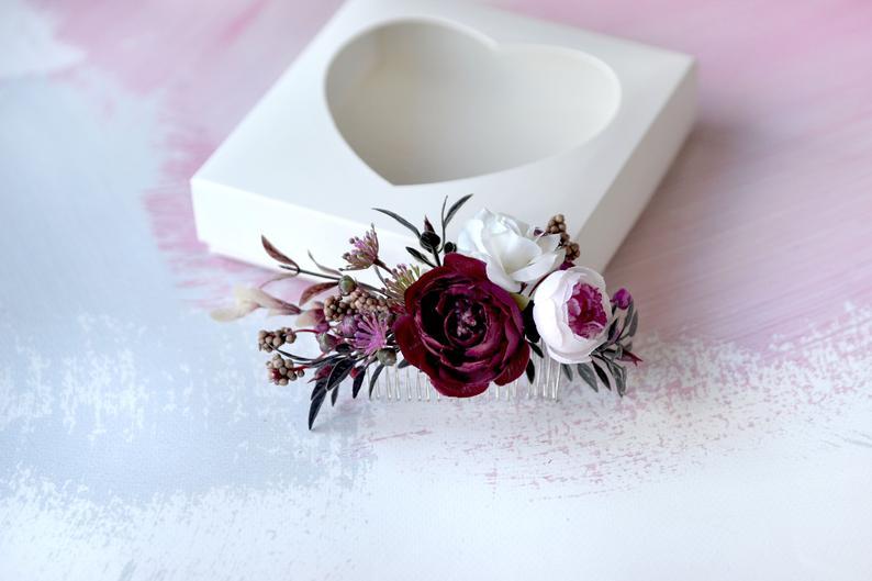 Wedding - White burgundy flower comb Bride hair piece Burgundy hair comb Floral hair clip wedding hair accessories flowers prom hair comb White red