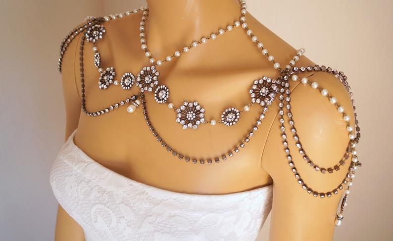 Hochzeit - Shoulder necklace,Bridal shoulder necklace,Art deco shoulder,Swarovski crystal,Antique brass shoulder necklace,Bridal body necklace,Wedding