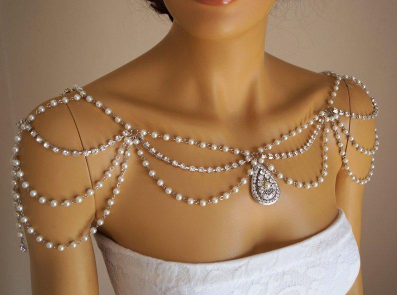 Wedding - Wedding shoulder necklace,Art deco shoulder jewelry,Pearl shoulder necklace,Rhinestone crystal shoulder jewelry,Bridal shoulder necklace
