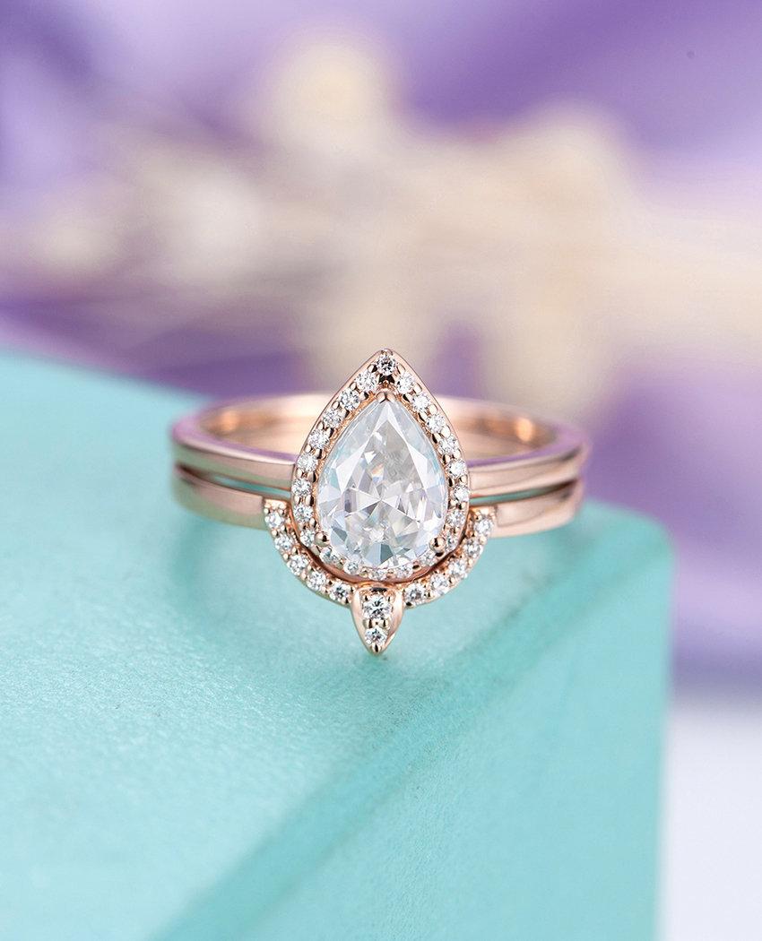 Hochzeit - Moissanite engagement ring Vintage Pear Shaped Diamond Wedding band Curved Rose gold Women Halo Stacking Anniversary gift for her Jewelry