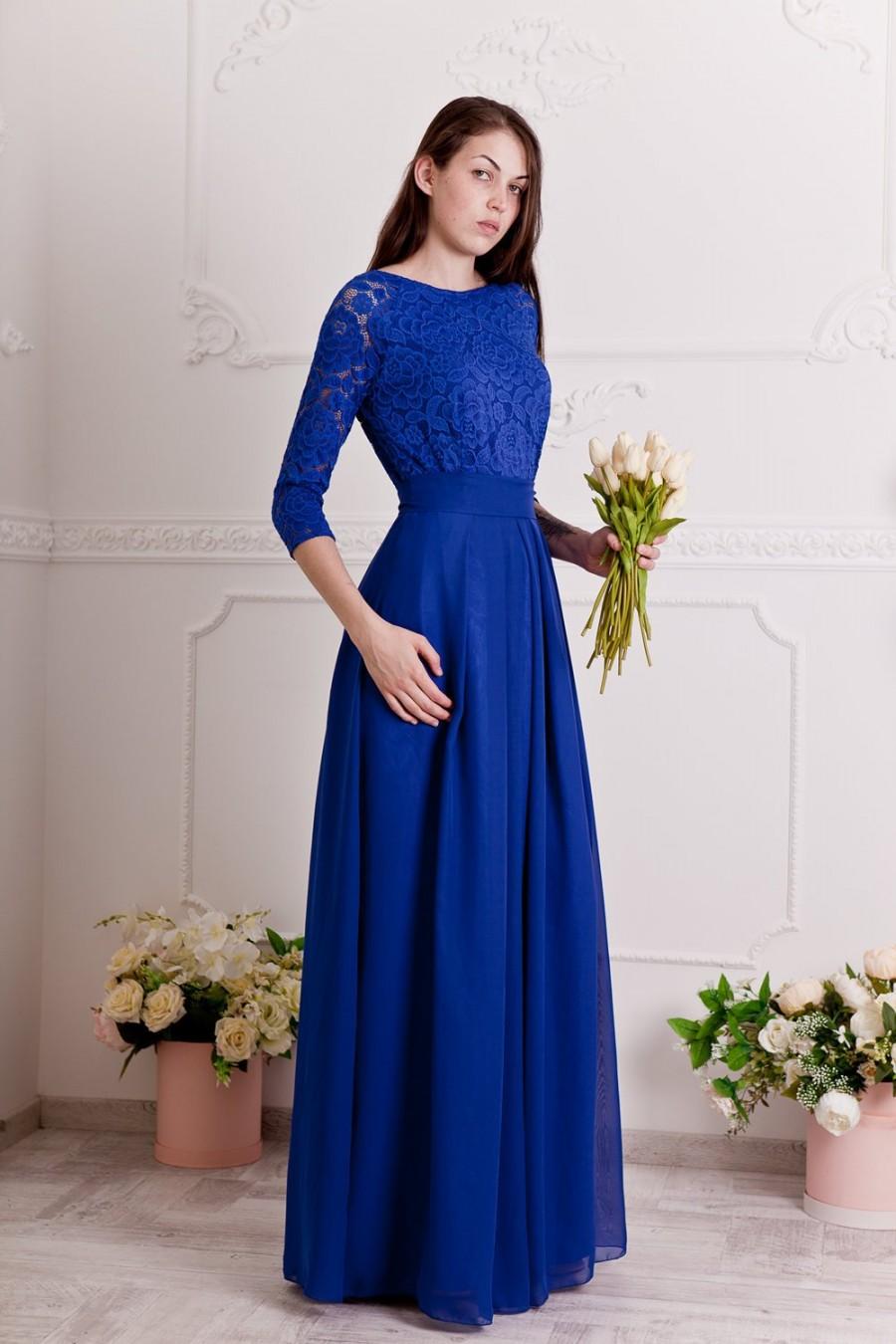 Wedding - Cobalt blue bridesmaid dress long. Floral lace formal gown with sleeves. Modest evening dress plus size.Blue mother of the groom dress