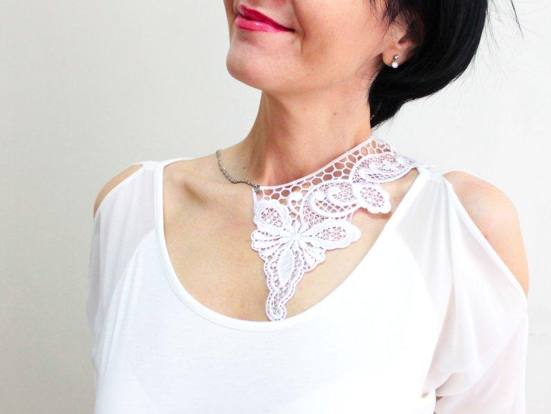 Wedding - Unique Gift Handmade Mom Gift Mother Gift White Lace Necklace Statement Asymmetric Necklace Silver Necklace Personalized Mom Gift For Her