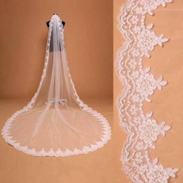زفاف - High quality beautiful long veil with lace at the edge cathedral lenght
