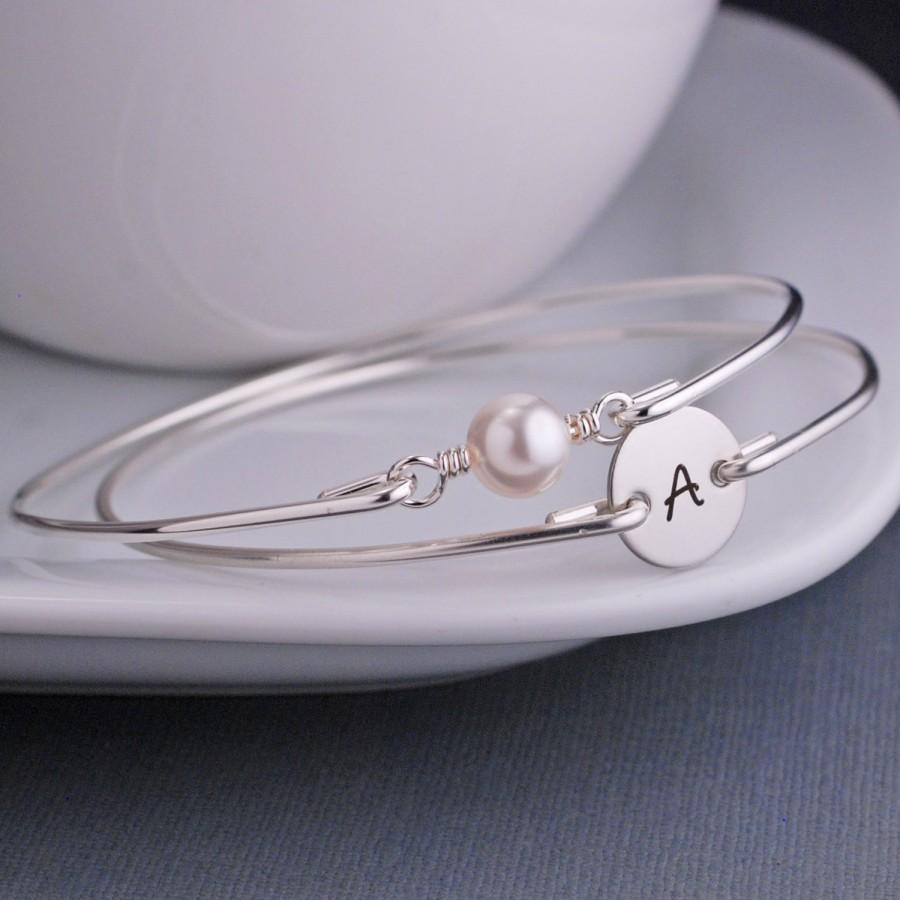 Wedding - Bangle Bracelet Set of TWO, Silver White Pearl and Initial Bracelet Set, Stackable Bangles